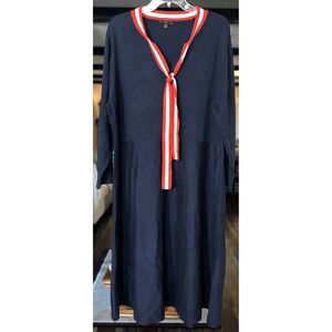 J Crew 3X Navy Sweater Dress Tie Neck Red Ivory Trim Long Sleeve Midi Sailor
